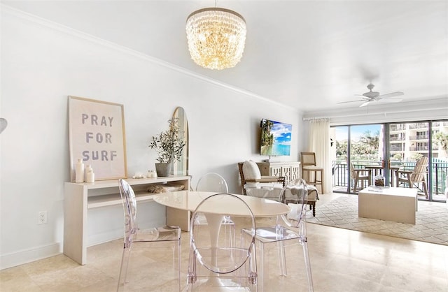 living room with ornamental molding and ceiling fan with notable chandelier