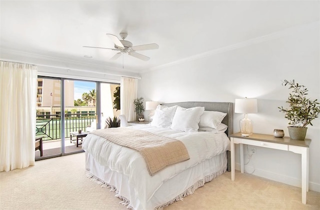 carpeted bedroom featuring crown molding, ceiling fan, and access to exterior