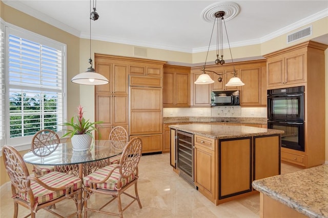 9013 Somerset Bay Ln Unit 402, Vero Beach, FL 32963 - kitchen featuring black appliances, wine cooler, decorative backsplash, a center island, and crown molding
