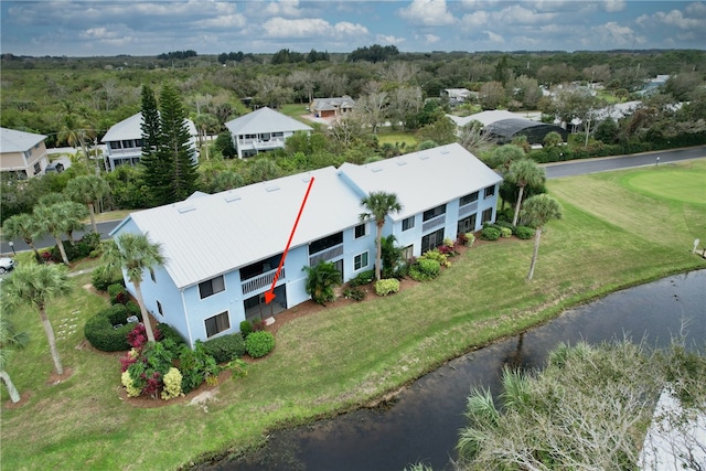 aerial view featuring a water view