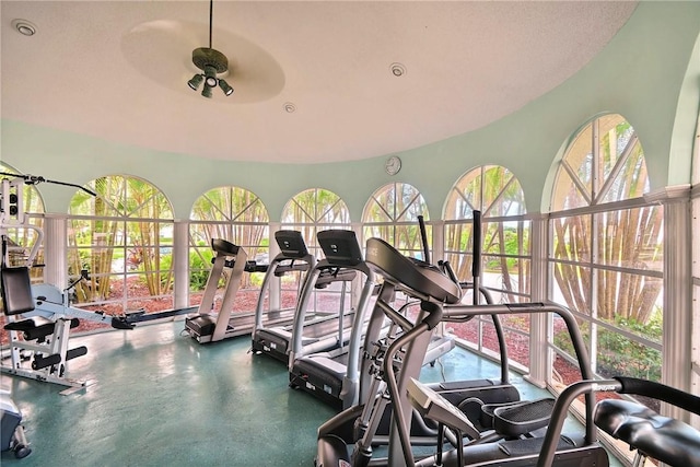 exercise room with ceiling fan and a healthy amount of sunlight