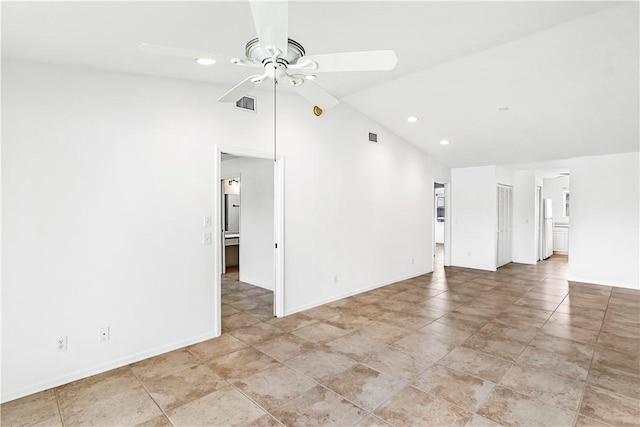 unfurnished living room featuring ceiling fan and lofted ceiling