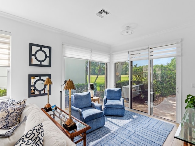 living room with ornamental molding