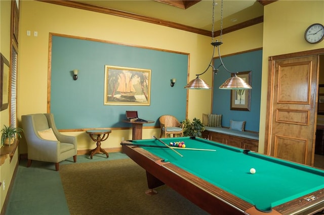 rec room with baseboards, billiards, ornamental molding, and carpet flooring