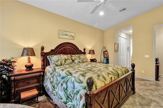 bedroom with ceiling fan, a closet, visible vents, and baseboards