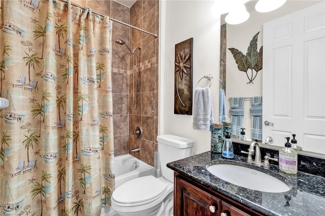 full bath featuring vanity, toilet, and shower / bathtub combination with curtain