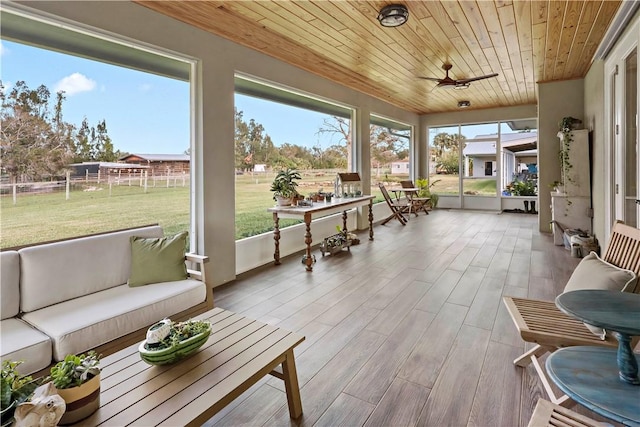 sunroom with ceiling fan and wood ceiling