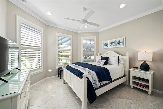 bedroom with ceiling fan and crown molding