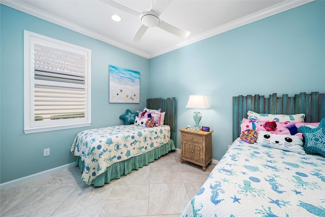 bedroom with ceiling fan and crown molding