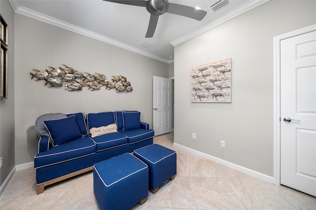 living room featuring ceiling fan and ornamental molding