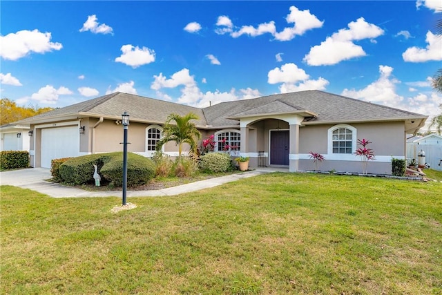 ranch-style home with a garage and a front yard