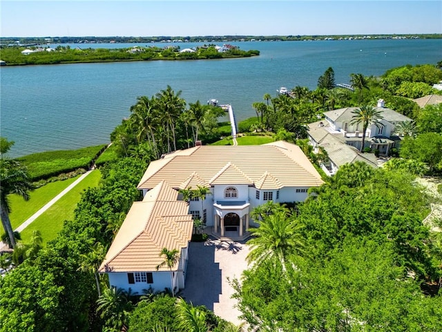 drone / aerial view with a water view