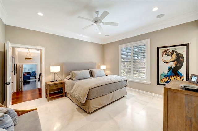 707 Grove Pl, Vero Beach, FL 32963 - bedroom featuring crown molding, recessed lighting, baseboards, and a ceiling fan