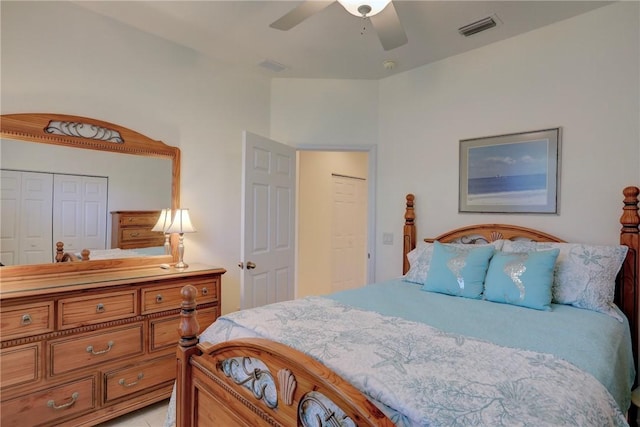 bedroom featuring visible vents, a closet, and ceiling fan