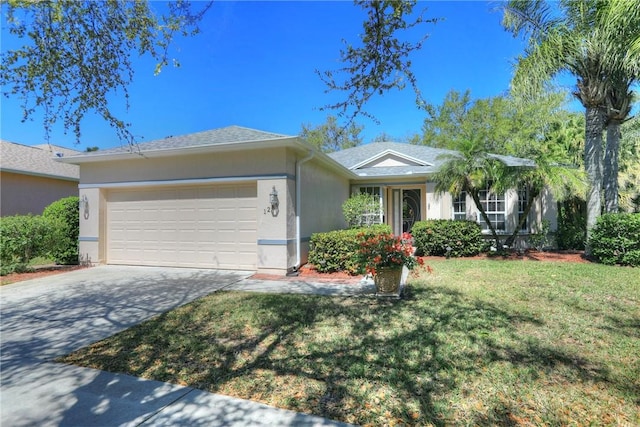 single story home with roof with shingles, an attached garage, stucco siding, concrete driveway, and a front lawn