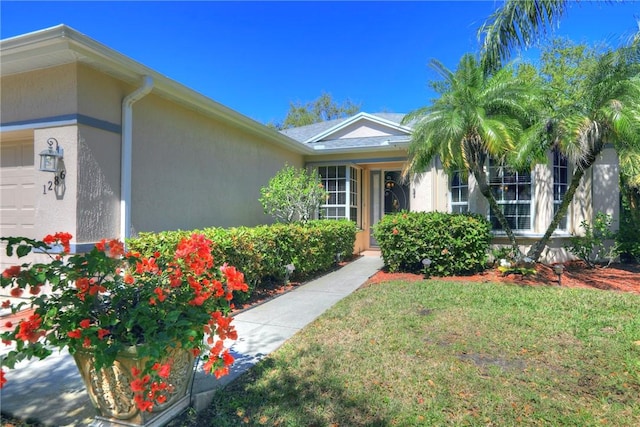 view of exterior entry with stucco siding, a lawn, and an attached garage