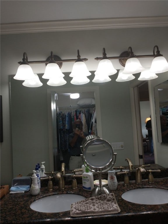 bathroom featuring a chandelier, vanity, and ornamental molding