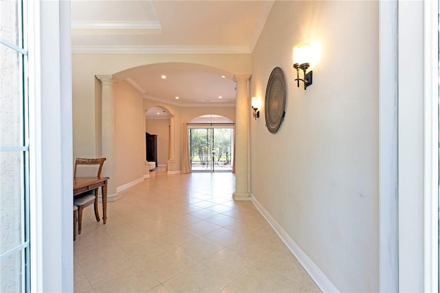 6124 57th Ct, Vero Beach, FL 32967 - corridor with arched walkways, ornamental molding, recessed lighting, ornate columns, and baseboards