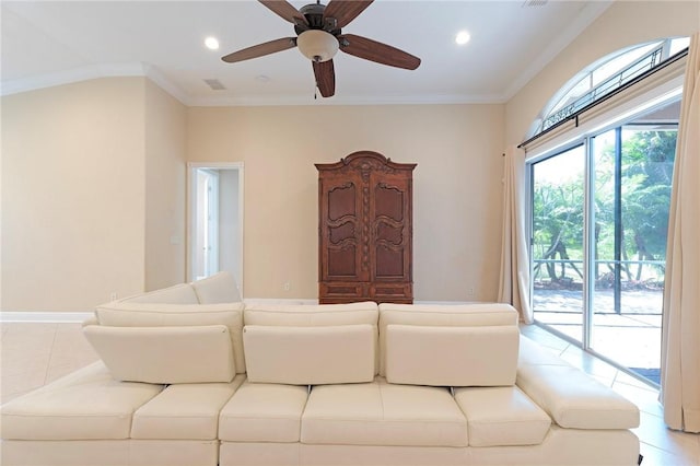 6124 57th Ct, Vero Beach, FL 32967 - living room featuring crown molding, recessed lighting, and ceiling fan