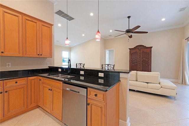 6124 57th Ct, Vero Beach, FL 32967 - kitchen featuring dishwasher, a sink, ornamental molding, a peninsula, and light tile patterned floors