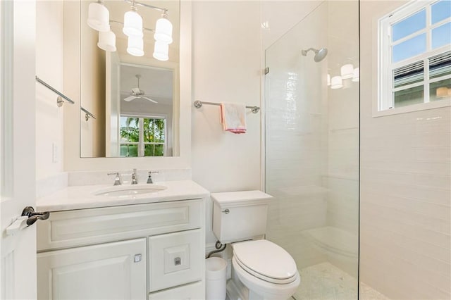 bathroom with vanity, tiled shower, and toilet