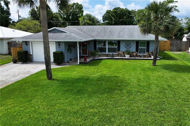5845 23rd St, Vero Beach, FL 32966 - ranch-style house with an attached garage, stucco siding, concrete driveway, stone siding, and a shingled roof