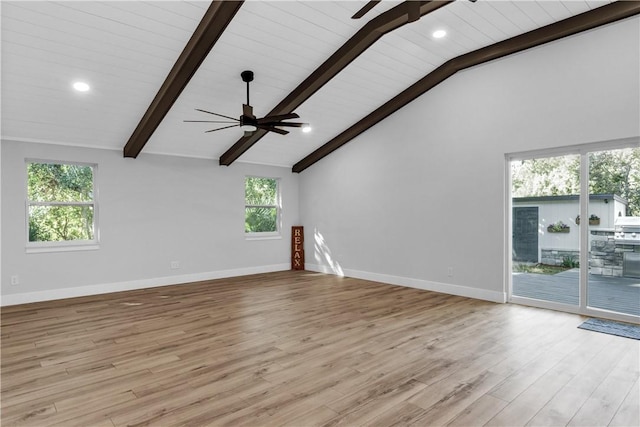 unfurnished living room with beamed ceiling, high vaulted ceiling, light hardwood / wood-style flooring, and ceiling fan