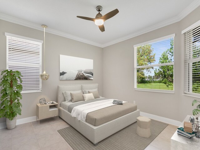 bedroom featuring multiple windows, ceiling fan, and crown molding