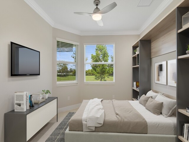 bedroom with ornamental molding and ceiling fan