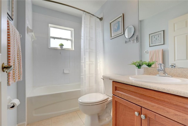 full bathroom with shower / bathtub combination with curtain, vanity, toilet, and tile patterned flooring