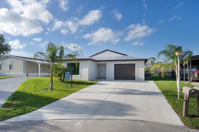 ranch-style home with a front yard and a garage