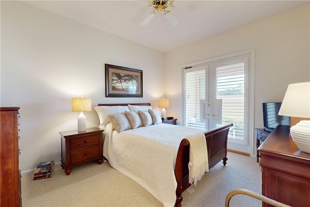 bedroom with baseboards, ceiling fan, access to outside, and light carpet