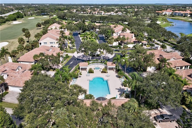 aerial view featuring a residential view and a water view