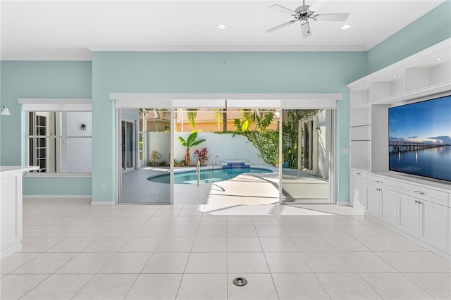 view of pool featuring ceiling fan