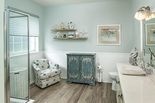 bathroom with hardwood / wood-style flooring, toilet, and vanity