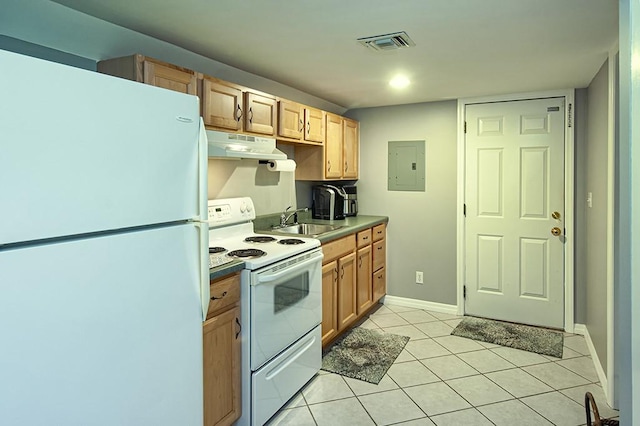 kitchen featuring sink, white appliances, light tile patterned floors, and electric panel