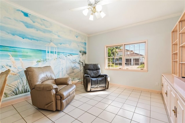 living area featuring ornamental molding, ceiling fan, and light tile patterned flooring