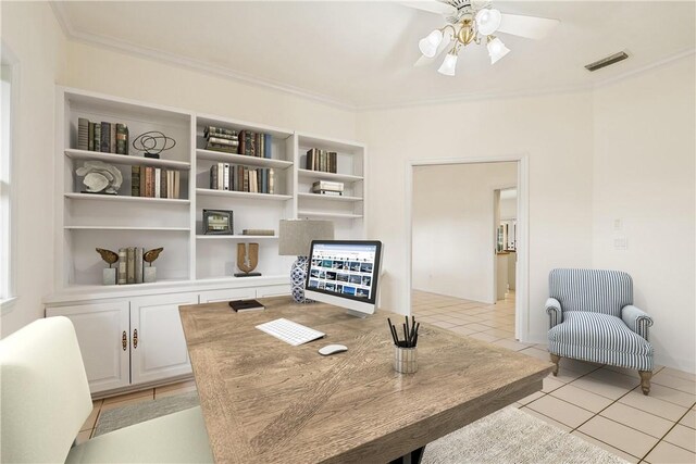 interior space with crown molding, ceiling fan, hardwood / wood-style floors, and french doors