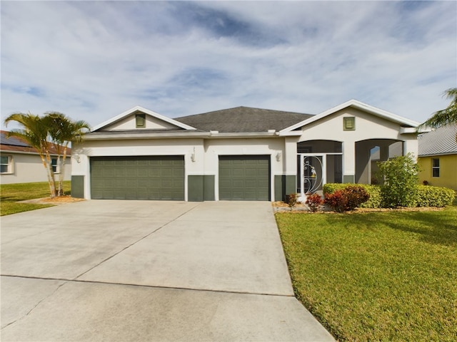 single story home featuring stucco siding, concrete driveway, a front yard, and a garage