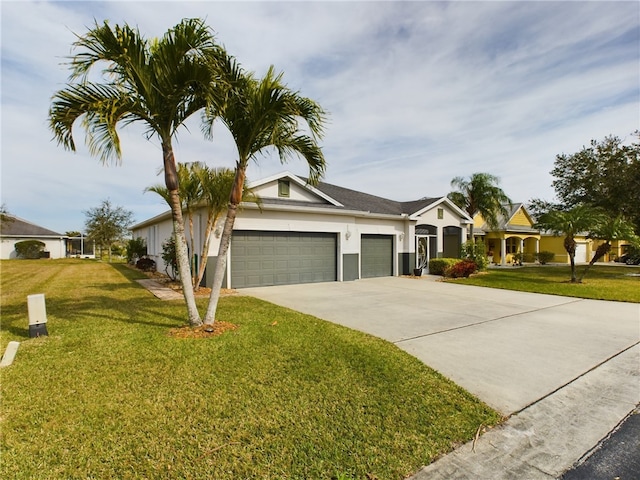 ranch-style house with stucco siding, concrete driveway, a front yard, and a garage