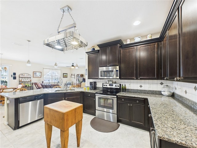 kitchen with tasteful backsplash, open floor plan, a peninsula, stainless steel appliances, and a sink