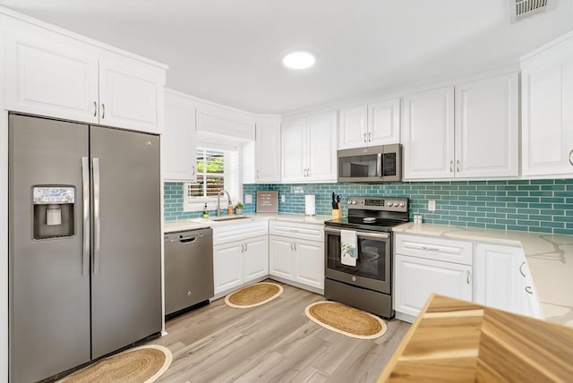 kitchen featuring stainless steel appliances, a sink, white cabinetry, visible vents, and decorative backsplash