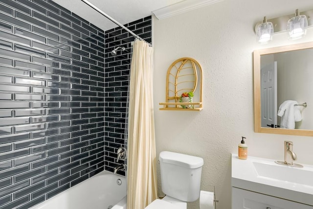 bathroom with toilet, shower / bath combo with shower curtain, and vanity