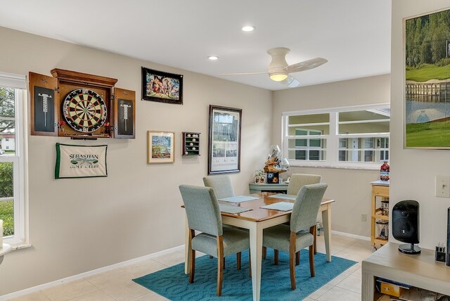 41 Woodland Dr Unit 102, Vero Beach, FL 32962 - dining space featuring recessed lighting, light tile patterned flooring, baseboards, and a ceiling fan