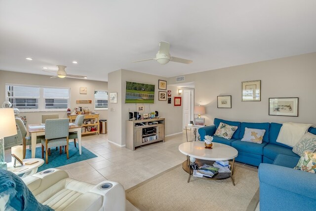 41 Woodland Dr Unit 102, Vero Beach, FL 32962 - living area with a ceiling fan, light tile patterned floors, recessed lighting, and baseboards