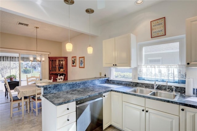 kitchen with kitchen peninsula, stainless steel dishwasher, sink, decorative light fixtures, and white cabinets