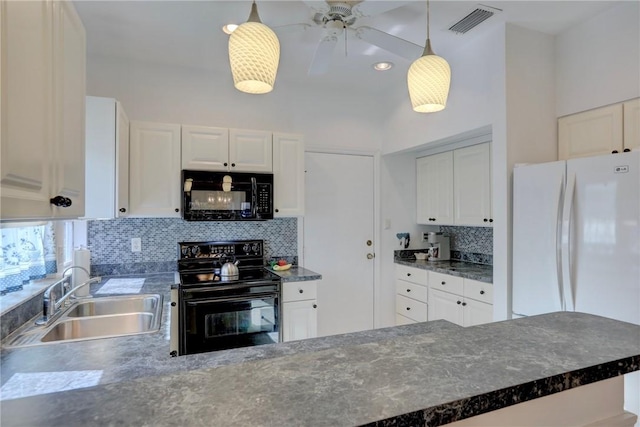 kitchen featuring sink, hanging light fixtures, tasteful backsplash, white cabinets, and black appliances