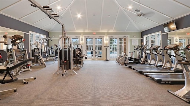 workout area featuring carpet, french doors, vaulted ceiling, and ceiling fan