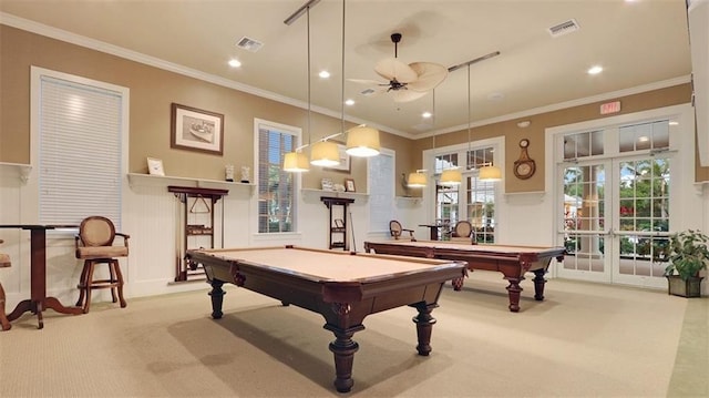 playroom with ceiling fan, light colored carpet, pool table, and ornamental molding