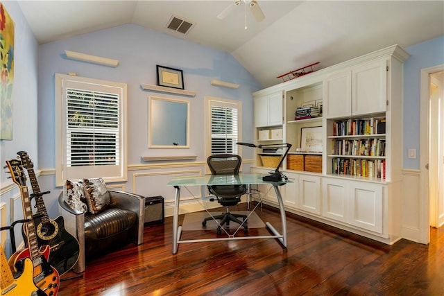 home office featuring dark wood-type flooring, ceiling fan, and lofted ceiling